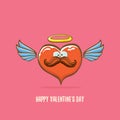 Vector Valentines day greeting card with funny cartoon pink heart character with wings and holy angel golden nimbus Royalty Free Stock Photo