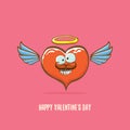 Vector Valentines day greeting card with funny cartoon pink heart character with wings and holy angel golden nimbus Royalty Free Stock Photo