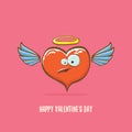 Vector Valentines day greeting card with funny cartoon pink heart character with wings and holy angel golden nimbus Royalty Free Stock Photo