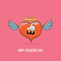 Vector Valentines day greeting card with funny cartoon pink heart character with wings and holy angel golden nimbus Royalty Free Stock Photo