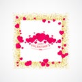 Vector of Valentines day greeting card with gold glitter heart, gold frame, couple of red hearts and words happy