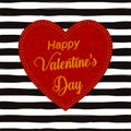 Vector Valentines day greeting card template with stitch lettering text sign, denim heart on rough stripes background.