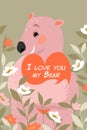 Vector Valentines day Illustration with cute bear with a heart in its paws surrounded by flowers