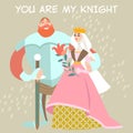 Vector Valentines day Illustration with cute princess and knight with a flower Royalty Free Stock Photo