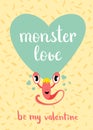 Vector Valentines Day monster love card with blue heart, cute monster and lettering on confetti background