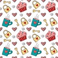 Vector Valentines day seamless pattern in doodle style. Hand drawn cupcake, heart, hot drink, and lock with key Royalty Free Stock Photo