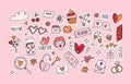 Vector valentines day stickers in doodle style on white background Royalty Free Stock Photo