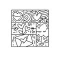 Vector Valentines logo composition heart, envelope, cloud, balloon, love handwritten text. Hand drawn monoline