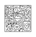 Vector Valentines logo composition hearts, bag, lips. Love handwritten text. Hand drawn monoline constructor in square