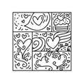 Vector Valentines logo composition hearts, cake, abstract. Love handwritten text. Hand drawn monoline constructor in