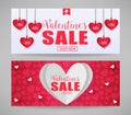Vector Valentines Sale Shop Now Banners with Paper Hearts
