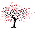 Vector valentine tree with red hearts and birds, silhouette. Royalty Free Stock Photo