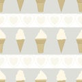 Vector Vanilla Ice Cream Cones in White Brown on Gray and White Stripes. Seamless Repeat Pattern. Background for