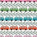 Vector Vans in Pink Green Red and Blue with Flowers on White Background Seamless Repeat Pattern. Background for textiles