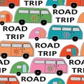 Vector Vans and Trailors in Pink Orange Green Blue Red Seamless Repeat Pattern Royalty Free Stock Photo
