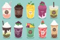 Vector variety of smoothies There are various types of tea, consisting of Pearl milk tea, matcha milk green tea, cocoa green tea,