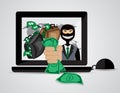 Vector - Vector illustration of a man from a computer monitor stealing money - computer thief serial