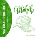 Vector vegetable element of artichoke. Hand drawn icon with lettering. Food illustration for cafe, market, menu design