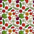 Vector Vegetable Seamless Pattern with Cucumbers, Red Tomatoes, Bell Pepper, Beet. Fresh Green Salad. Healthy Vegetarian Food. Han