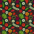 Vector Vegetable Seamless Pattern with Cucumbers, Red Tomatoes, Bell Pepper, Beet. Fresh Green Salad. Healthy Vegetarian Food. Han