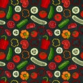 Vector Vegetable Seamless Pattern with Mini Cucumbers, Red Tomatoes, Bell Pepper. Fresh Green Salad. Healthy Vegetarian Food. Hand