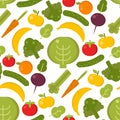 Vector vegetables healthy food seamless pattern illustration. Organic green broccoli, tomato, carrot food vegetables