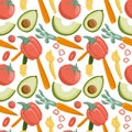 Vector vegetables seamless pattern in cartoon style. Bright tomatoes, avocado, carrot, bell peppers, eggplants Royalty Free Stock Photo