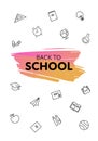 Vector vertical back to school modern banner. Hand drawn trendy brush stroke shape with supplies icon set on white background. Royalty Free Stock Photo