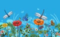 Vector vertical border with dragonflies, butterflies, flowers, grass and plants. Summer style. Seamless nature border Royalty Free Stock Photo