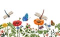 Vector vertical border with dragonflies, butterflies, flowers, grass and plants. Summer style. Seamless nature border Royalty Free Stock Photo