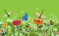 Vector vertical border with dragonflies, butterflies, flowers, grass and plants. Summer style. Seamless nature border Royalty Free Stock Photo