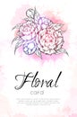 Vector vertical card with contour peony flowers with pink watercolor splashes and copy space. Invitation with natural floral