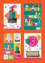 Vector vertical cards with family and kids objects for invitation and celebrating birthday, baby shower and family events. Bright