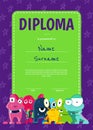 Vector vertical children diploma or certificate with crowd of cute cartoon monsters on stars background