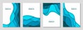 Vector vertical flyers with blue paper cut waves shapes. 3D abstract paper style, design layout for business presentations, flyers