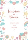 Vector vertical frame with unicorn, rainbow, crown, star, cloud, crystals