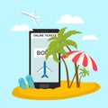 Vector vertical illustration of beach and smart phone Royalty Free Stock Photo