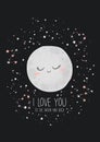Vector vertical illustration with cute hand drawn cartoon moon, stars and quote I love you to the moon and back isolated on black Royalty Free Stock Photo