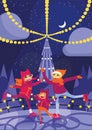 Vector vertical illustration with lovely family skating on ice rink at Christmas night. Cartoon characters with smiling faces. Chr