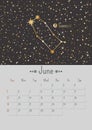 Vector vertical June 2022 calendar a with golden zodiac constellation and stars. A3, A2 poster with horoscope Gemini sign Royalty Free Stock Photo