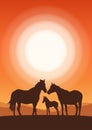 Vector illustration: Vertical Landscape with sunset and silhouette of family horses.
