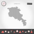 Vector Vertical Lines Map of Armenia. Striped Silhouette of Armenia. Realistic Compass. Business Icons