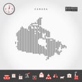 Vector Vertical Lines Map of Canada. Striped Silhouette of Canada. Realistic Compass. Business Icons