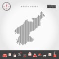 Vector Vertical Lines Map of North Korea. Striped Silhouette of DPRK. Realistic Compass. Business Icons