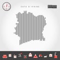 Vector Vertical Lines Map of Cote d`Ivoire. Striped Silhouette of Ivory Coast. Realistic Compass. Business Icons