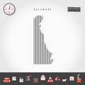 Vector Vertical Lines Pattern Map of Delaware. Striped Silhouette of Delaware. Realistic Compass. Business Icons