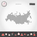 Vector Vertical Lines Map of Russia. Striped Silhouette of Russian Federation. Realistic Compass. Business Icons