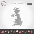 Vector Vertical Lines Map of United Kingdom. Striped Silhouette of Great Britain. Realistic Compass. Business Icons