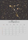 Vector vertical March 2022 calendar a with golden zodiac constellation and stars. A3, A2 poster with a horoscope Pisces sign