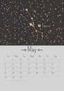 Vector vertical May 2022 calendar a with golden zodiac constellation and stars. A3, A2 poster with a horoscope Taurus sign Royalty Free Stock Photo